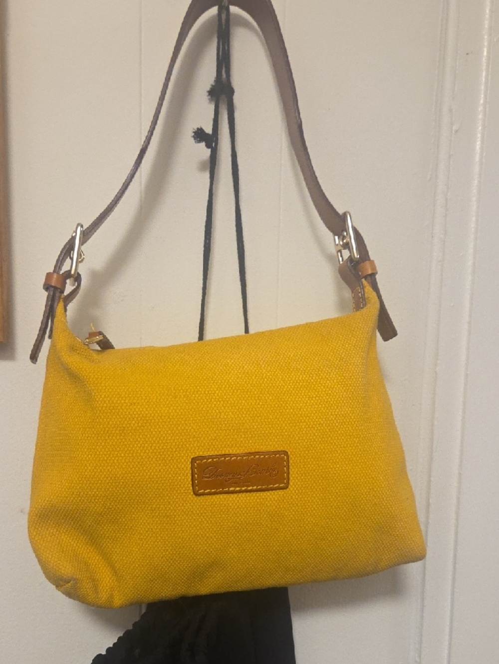 Dooney & Bourke Yellow Canvas Shoulder Bag with Brown Leather Trim